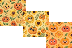 Funny Sunflower Pumpkin Faces Seamless Pattern, Digital Pape Product Image 12