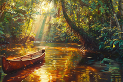Sunlit Jungle River Background with Canoe and Golden Reflect Product Image 1