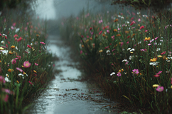 Rainy Floral Pathway Scenic Nature Background Product Image 1