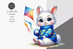 Bunny with kite clipart, Bunny clipart, Watercolor clipart Product Image 1