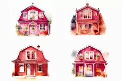 Red Farmhouse clipart, Watercolor house, Red Farm 14 PNG Product Image 4