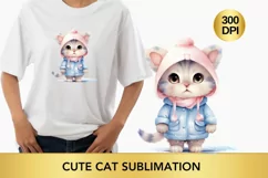 Winter Cute Pink Cat Watercolor Sublimation PNG Product Image 1