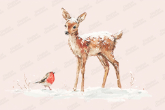 Winter Deer and Bird Watercolor Christmas Illustration Product Image 1