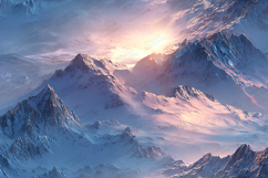 Sunrise Over Snowy Mountains Fantasy Winter Landscape Art Product Image 1