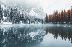 Winter Mountain Lake Reflection with Snowy Forest Scene Product Image 1