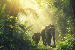 Elephants Walking in Sunlit Tropical Jungle Background Product Image 1