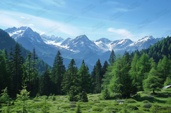 Green Mountain Forest Landscape with Snowy Alpine Peaks Product Image 1