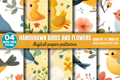 Handdrawn Birds And Flowers Patterns Digital Paper PNG Product Image 1