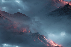 Dark Volcanic Mountain Landscape with Glowing Lava Product Image 1