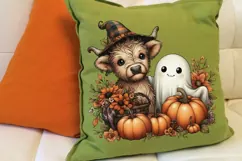 Halloween Ghost And Highland Cow Png, Floral Halloween Png. Product Image 5