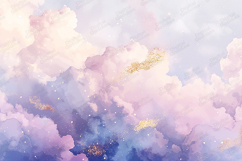 Soft Pastel Watercolor Cloud Background with Gold Sparkle Product Image 1