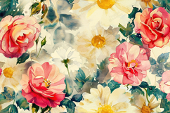 Watercolor Floral Pattern with Roses and Daisies Art Product Image 1