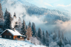 A cozy cabin nestled in a snowy forest with smoke Product Image 1