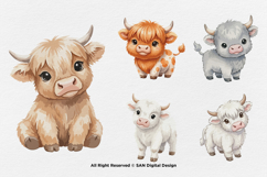 15 Bundle Watercolor Baby Highland Buffalo Cow Horn Farm Product Image 5