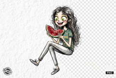 Whimsical Summer Girl &amp; Watermelon Clipart Product Image 1