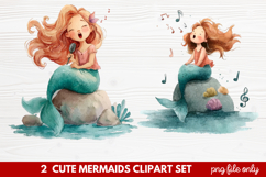 2 Cute Mermaids Clipart Set | Whimsical Mermaid Illustration Product Image 1