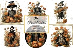 Halloween Vintage Skeleton Clipart, halloween Floral Clipart Product Image 6
