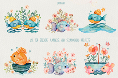 Watercolor Fish and Flowers Clipart Cute Underwater Floral Product Image 5