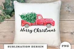 Watercolor vintage red truck christmas tree sublimation png Product Image 5