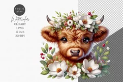 Spring clipart, Highland calf clipart, Floral sublimation Product Image 1