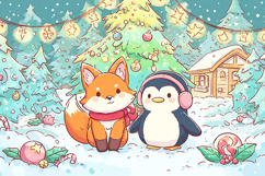 A cartoon fox and penguin enjoy a festive winter scene Product Image 1