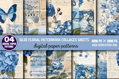 Blue Floral Patchwork Collages Sheets Digital Paper Patterns Product Image 1