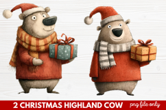 2 Christmas Highland Cow Clipart | Rustic Festive Cow PNG Product Image 1