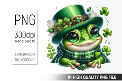 St. Patrick’s Day Frog with Green Hat Clipart, Shamrocks PNG Product Image 1