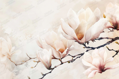 White Magnolia Watercolor Floral Background with Soft Product Image 1