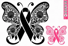 Pink Breast Cancer Ribbon With Sunflower in Butterfly Wing Product Image 1
