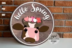 Hello Spring Round Sign SVG | Cow Head Wood Sign SVG Product Image 1