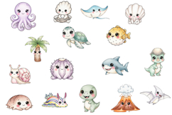 Kawaii Sea Creatures &amp; Dinosaurs Watercolor Clipart Product Image 5