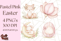 Pastel Pink Easter Bunny Egg and Flowers Clipart PNG Product Image 1
