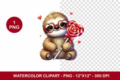 valentine png watercolor clipart - sloth Product Image 1