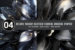 Black Silver Glitter Floral Digital Paper Product Image 1