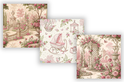 Pink Toile de Jouy Digital Paper, Seamless Watercolor Floral Product Image 5