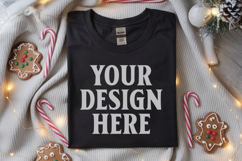 Gildan 64000 Black Folded Christmas Flat Lay T-shirt Mockup Product Image 1