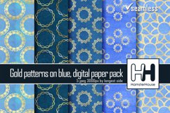5 Blue Watercolor Seamless Digital Papers with Gold Patterns Product Image 1