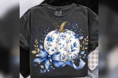 Blue Floral Pumpkin PNG, Chinoiserie Pumpkin with Bow, Coque Product Image 3