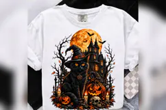 Halloween Black Cat PNG, Witch Cat Haunted House Pumpkin Des Product Image 2