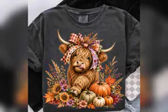 Fall Highland Cow PNG, Plaid Bow Pumpkin Cow, Autumn Floral Product Image 5