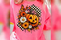 Floral Pumpkin Halloween PNG, Checkered Jack O Lantern Product Image 4