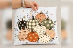 Boho Fall Pumpkins PNG, Neutral Gingham Floral Pumpkin png Product Image 4