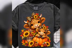Fall Highland Cow PNG, Mom Baby Cow Pumpkin Design, Leopard Product Image 2