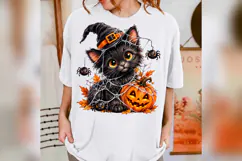 Cute Witch Black Cat Halloween PNG, Pumpkin Spider Web Spook Product Image 5