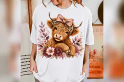 Floral Highland Cow PNG, Pink Leopard Bow Cow Design Product Image 4