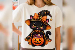Halloween Black Cat PNG, Cute Witch Kitty Pumpkin Design Product Image 1