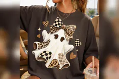 Coquette Ghost PNG, Leopard Checkered Bow Halloween PNG Product Image 1