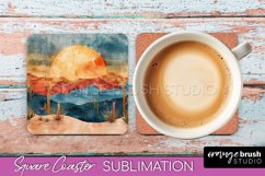 Boho Square Coaster Sublimation - Minimalist Landscape PNG Product Image 1