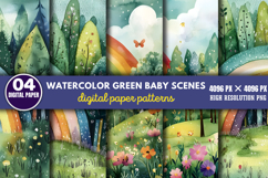 Watercolor Green Baby Scenes Paper Bundle PNG Product Image 6